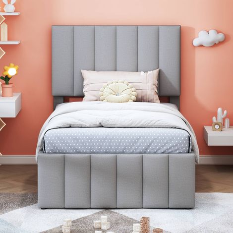 Lit banquette 90x200 cm avec lit gigogne et 3 tiroirs de rangement, lit rembourré en lin gris, lit enfant ado avec sommier à lattes (1/5)