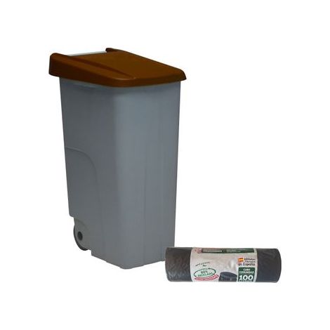 WELLHOME Contenitore Chiuso 85L Marrone H.76cm + Rotolo da 10 Sacchi Immondizia da 100L