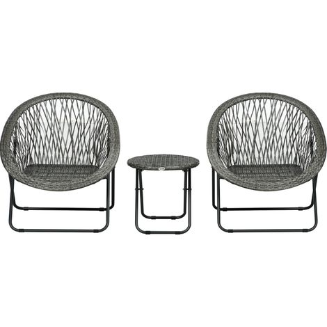Set da balcone pieghevole 3 pezzi in polyrattan grigio con tavolino tondo e 2 sedie in acciaio (1/5)