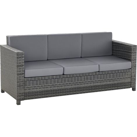 Canapé en rotin synthétique avec coussins, canapé de jardin 3 places, métal, polyester, gris, 185 x 70 x 80 cm