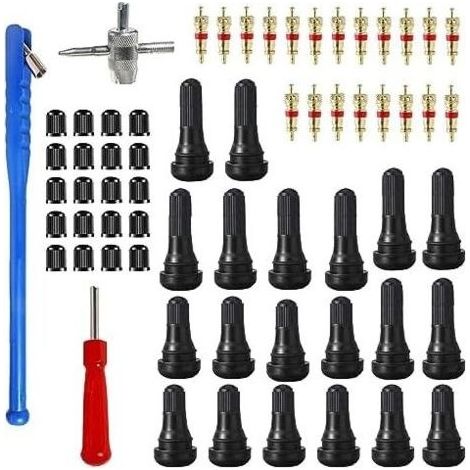 63 Pièces Kit d'outils de Réparation Valve Pneu Voiture, Outil 4 Voies avec 20 Noyaux Valve, Bouchons Pneu, Dépose Tige Simple Tête Demonte (1/5)