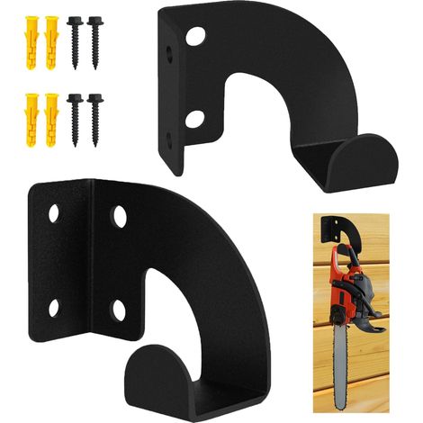 Lot de 2 supports muraux robustes pour tronçonneuse - Support mural pour tronçonneuse - Pour jardin, garage, atelier - Métal noir (1/5)