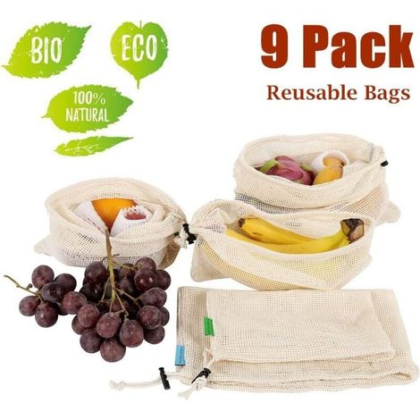 Set mit 9 Baumwollbeuteln - Baumwoll-Gemüsebeutel - Wiederverwendbare Obst- und Gemüsebeutel - Bio-Baumwollbeutel - Wiederverwendbare Gemüsebeutel - Stoffbeutel - Baumwollbeutel - Gemüsebeutel - (3 L, (1/4)