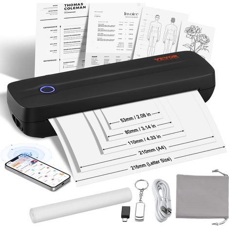 VEVOR Stampante Mobile Stampante Termica Portatile Stampante Senza Inchiostro Bluetooth, Carta Termica A4 A5 Compatibile con iOS/Android/Laptop, Stampante da Viaggio 203 DPI in Ufficio Casa Nero
