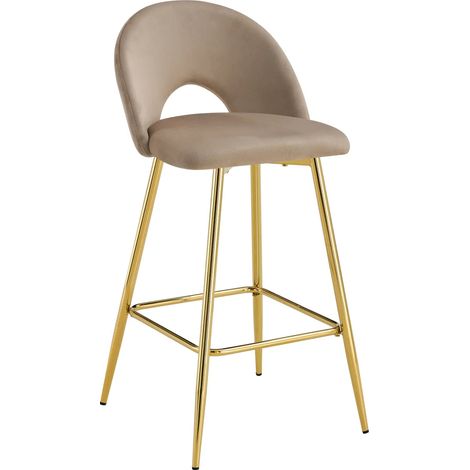 Lot 2 Tabourets de Bar Teddy Velours Taupe Pieds Gold 47x36x98cm