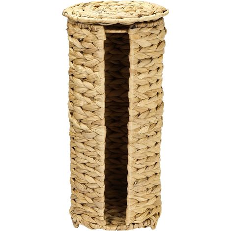 Porte-Papier Toilette en Jacinthe d’Eau tressée, Support à Papier Toilette sur Pied avec Couvercle, Panier de réserve pour 3 Rouleaux WC, 35,5 x 17 cm, Beige (1/5)