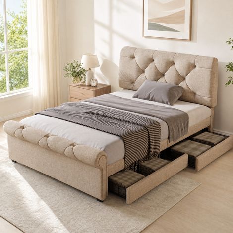 CHICFURN Letto singolo adulto 90x200 cm naturale con materasso, 2 cassetti e testiera regolabile (1/5)