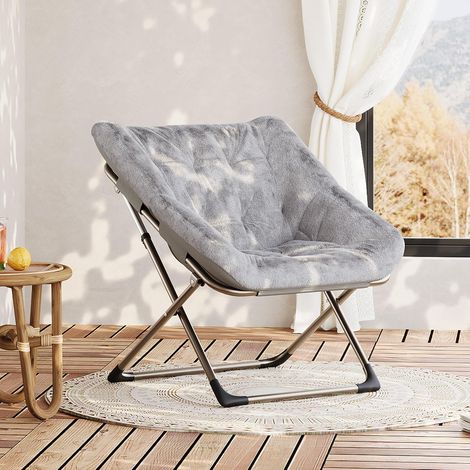 Fauteuil Pliant en Fausse Fourrure Gris, Chaise de Sol avec Cadre Métal (1/5)