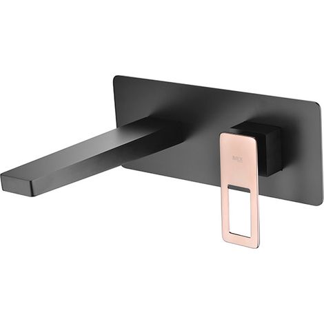 IMEX Einhand-Clip-Mischer aus Messing in mattschwarz mit glänzenden rosegoldfarbenen Akzenten wandbündig zweiteilig mit Einstellbox – Modell SUECIA (1/4)