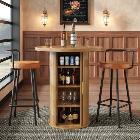 Table de bar ronde 60x60x91,6 cm table haut avec rangement et porte coulissante, MDF naturel et métal