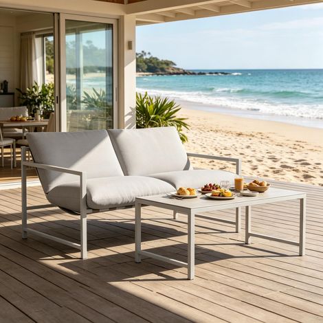 Ensemble Canapé Extérieur 2 Places et Table Basse, Acier Galvanisé, Verre Trempé, Coussins 20cm Amovibles, pour Jardin, Balcon, Terrasse, Gris (1/5)