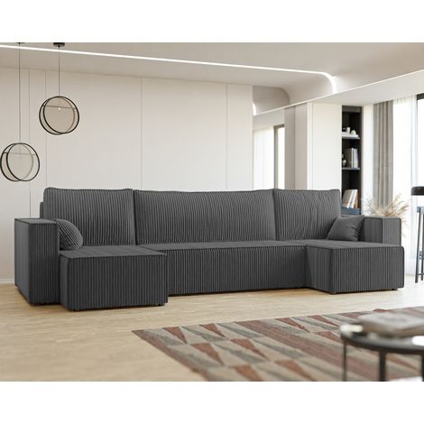 Canapé d'angle Panoramique PARIS U - 7 places - Canape Convertible avec Coffre - Tissu Velours Cotelé - Gris foncé (1/5)