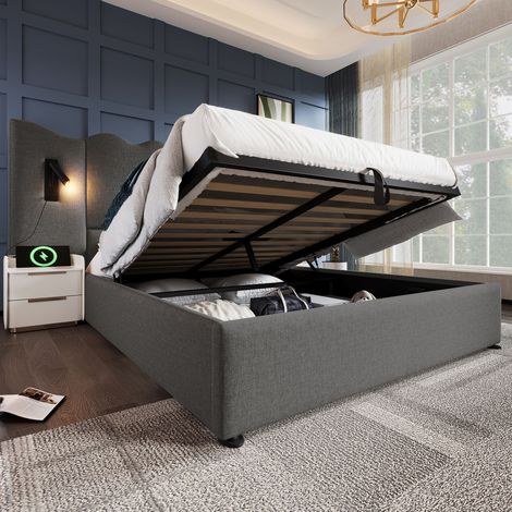 Lit double rembourré 160×200 avec lampe de lecture et fonction de recharge USB Type-C, gris (1/5)