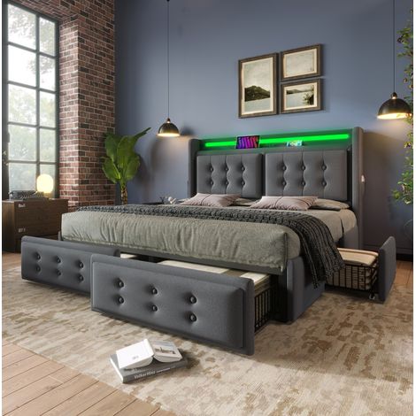 Bett Doppelbett Stauraum 180x200 LED Grau OKMYHOME (1/5)