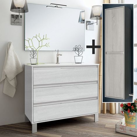 Ensemble meuble de salle de bain 80cm simple vasque + colonne de rangement - hibernian (bois blanchi) - TIRIS 3C (1/5)