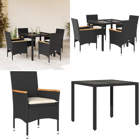 5-tlg. Garten-Essgruppe mit Kissen Schwarz Poly Rattan und Glas - Gartentisch - Gartenmöbelset - Outdoor Möbel - Esstisch - Gartenstühle - Home & Living (1/5)