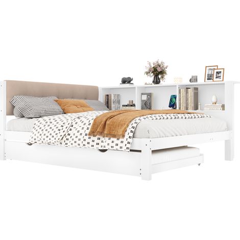 Letto singolo 140x200 cm con letto estraibile, LED dimmerabile, USB e scaffale laterale in legno bianco per camera ragazzi e ospiti  CHICFURN (1/5)