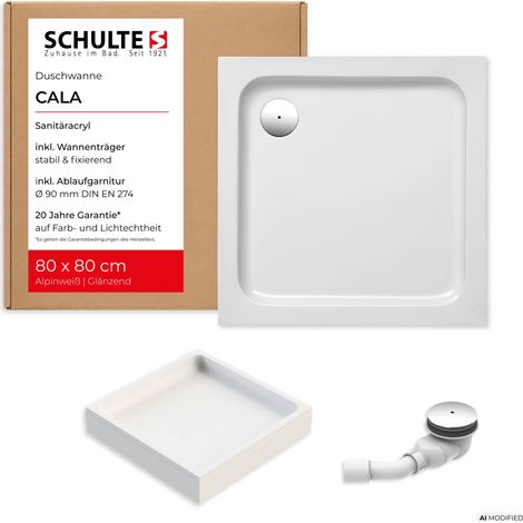 Schulte Duschwanne Cala 80x80 cm Weiß - Komplettset inkl. Wannenträger und Ablaufgarnitur, aus Hochwertigem Sanitäracryl