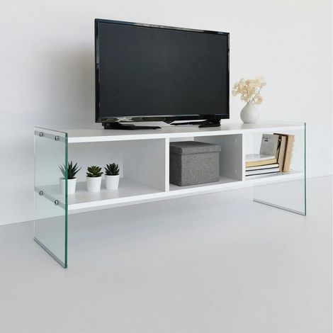 Meuble TV blanc design avec montants en verre SALTA (1/5)