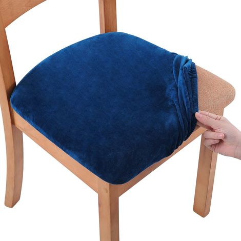 Samt-Sitzbezüge für Restaurantstühle (2-teiliges Set), elastisch, abnehmbar und waschbar, mit Bändern, Federal Blue.