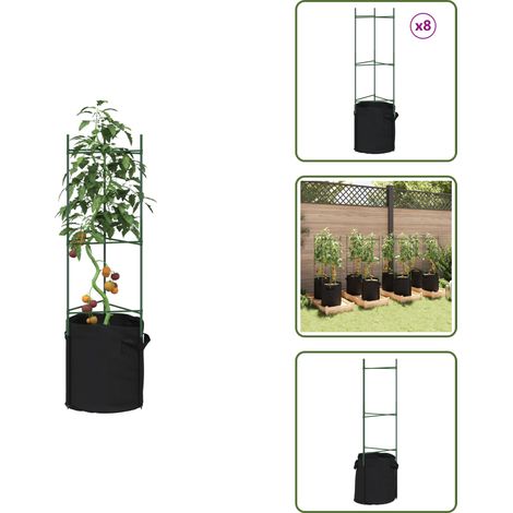 The Living Store Cages à tomates avec sacs à plantes 8 pcs 116 cm acier et PP - Cage Tomate - Support Plante - Tutor Tomate - Serre Jardin - Potager (1/5)