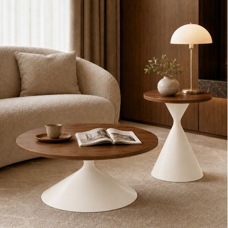 Set de 2 mesas redondas efecto nogal con base de acero crema Ø70/50 cm (1/5)