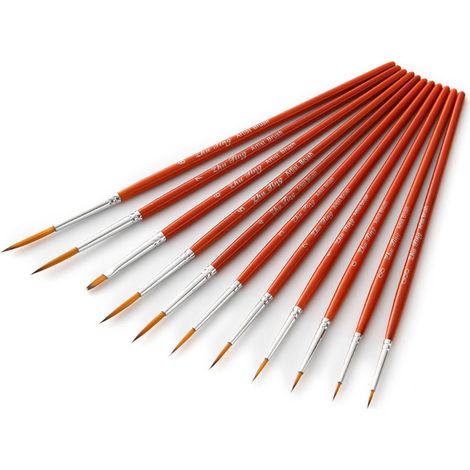 Lot de 11 pinceaux à peinture ronds pointe fine en poil de nylon bois marron rouge pour aquarelle acrylique gouache huile détail artistes élèves peintres (1/2)