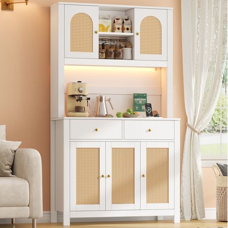 Mueble de almacenaje de cocina 100 x 40 x 180 cm con LED y enchufes, 2 cajones, blanco HAVRYA (1/5)
