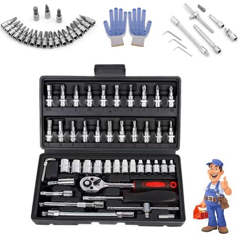 Ensemble de cliquet électrique sans fil fin, pour navire, fin rechargeable, kit clés à électriques, avec 46 pièces d'entraînement 3/8, outils Noir - (1/4)