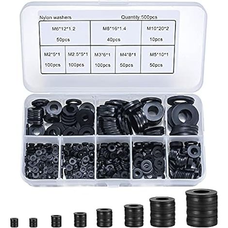 500 schwarz Stück flache Unterlegscheiben, Nylon-Unterlegscheiben, industrielle Befestigungskopf-Unterlegscheiben, mechanische Unterlegscheiben – M2/M2,5/M3/M4/M5/M6/M8/M10 (1/5)