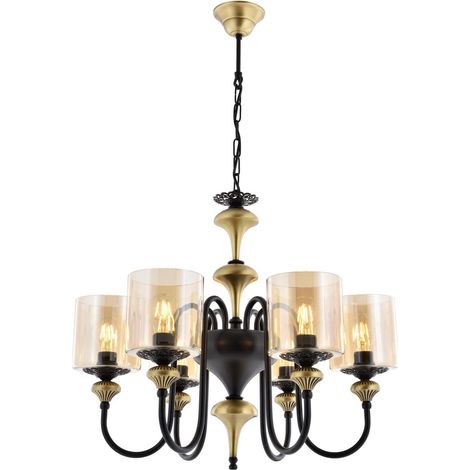 Lustre d'inspiration vintage, corps en métal, hauteur 100 cm, diamètre 62 cm, 6 ampoules E27 max. 40 W, finition noire et vintage, design traditionnel américain glamour