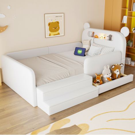 Lit enfant 90x200 cm avec tête de lit ours, veilleuse et ports USB/Type-C, en tissu, blanc (1/5)