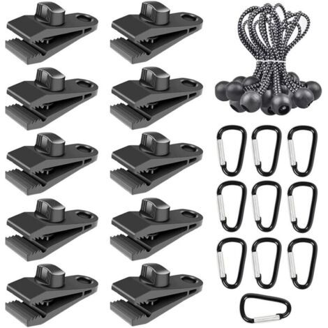 BUNTHAUS Lntyq Lot de 30 pinces pour tente, auvent, pinces pour bâche avec corde élastique et mousqueton pour tentes de camping en plein air