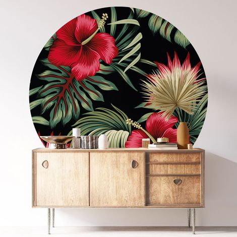 Sticker mural rond / cercle - Motif floral - Diamètre 30 cm - Adhésif MAT (1/3)