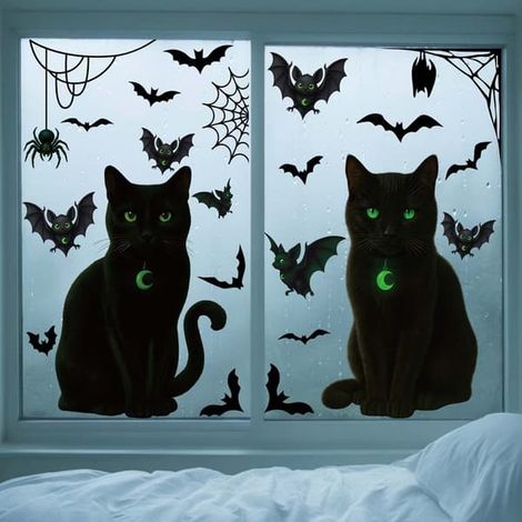 Autocollant en verre statique Chat noir et chauve-souris - lot de 2, décoration d'Halloween