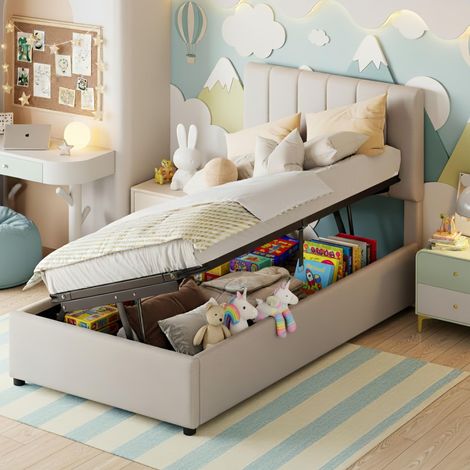 Canapé abatibel 90x200 cm, con cabecero ajustabel, con système de almacenamiento hidráulico, revêtement en lino, somier de láminas, cama individelal - Beige
