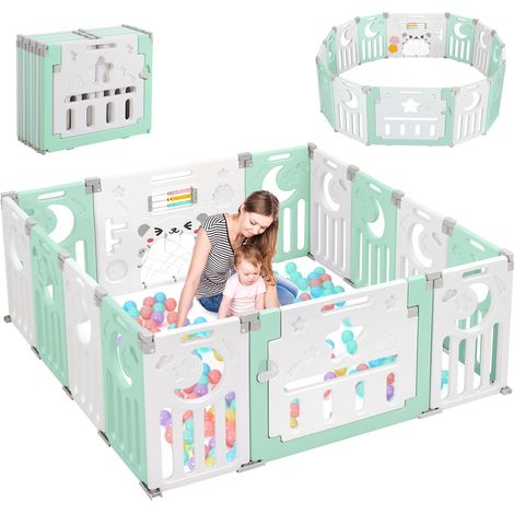 Recinto per bambini in plastica con 14 pannelli - Recinzione protettiva pieghevole per bambini - 150x150x62 cm - Verde e bianco (1/5)