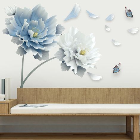 Grands stickers muraux fleurs bleues  Stickers floraux pour chambre, salon, fond TV, décoration intérieure