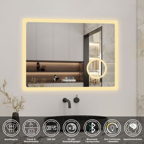 Badezimmerspiegel LED Badspiegel Wandspiegel Touch Beschlagfrei+Uhr+Bluetooth+Kosmetikspiegel+3 Farben Dimmbar+LED Memory Funktion 80 x 60 cm (1/5)