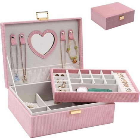 Boîte à bijoux pour femmes et filles, boîte de rangement de bijoux, grande boîte de rangement de bijoux en velours à 2 niveaux pour bagues, colliers, bracelets, montres, boucles d'oreilles (rose) (1/3)