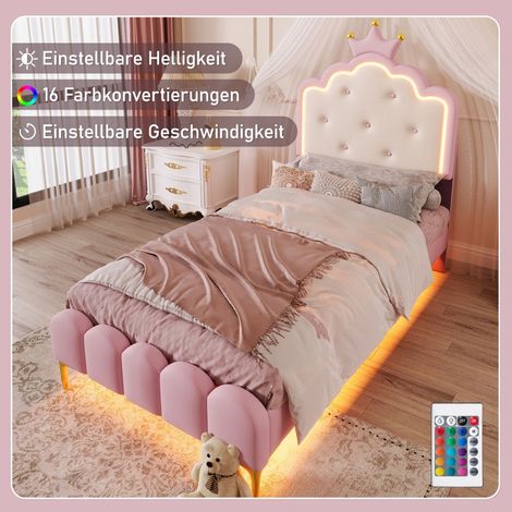 Lit Simple Bébé Fille Princesse-Forme PU Rose-Lumière Ambiance Télécommande-Sommeil à Lattes-94x209.5x129(cm)-Sans Matelas (1/5)