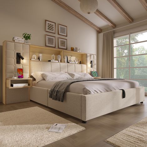 Lit coffre 160x200 cm avec LED lampes de lecture chevets intégrés ports USB Type C lit double avec sommier à lattes en lin beige (1/5)