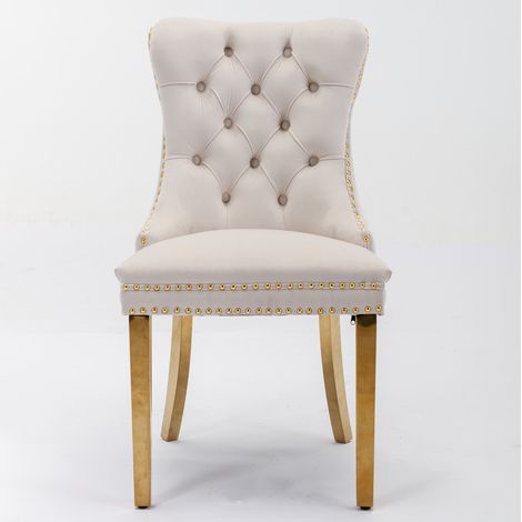 Chaise de salle à manger en bois massif avec revêtement en velours beige et pieds dorés en acier inoxydable, lot de 2 (1/5)