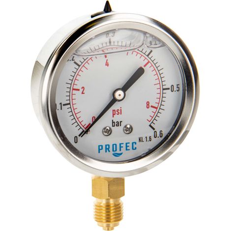 Profec Manometer 0 - 0,6 bar, Glyzeringefüllt, Ø 63 mm, 1/4 Zoll Anschluss nach unten Radial, Überdruck-Manometer