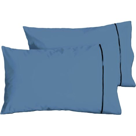 Lot de 2 taies d'oreiller passepoilées, 60 cm x 70 cm, bleu-gris, 100 % coton, double face (1/4)