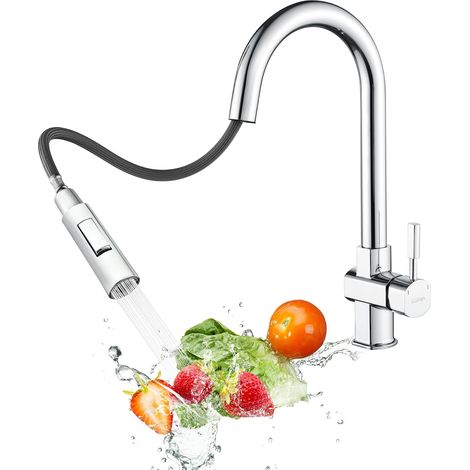 Robinet de Cuisine,Robinet de Cuisine Haute Pression Avec Douchette Extractible,Pivotant à 360°, Mitigeur D'éVier à Double Bec,Mitigeur de Cuisine En Acier Inoxydable Chromé (1/5)