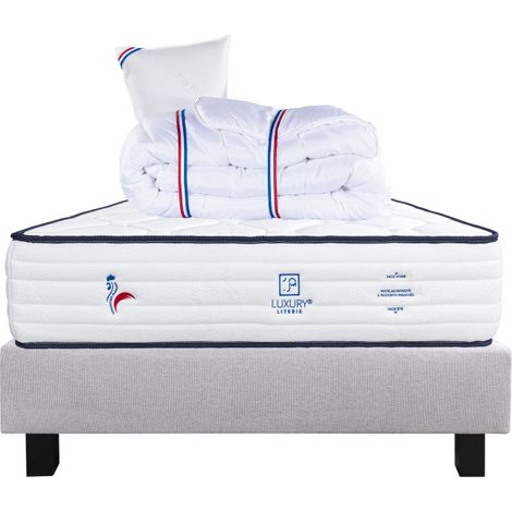 Ensemble Matelas Patriote, 27 cm, ressorts ensachés, ferme, face été/hiver + sommier gris ep20cm + oreiller + couette, 90x190cm (1/5)