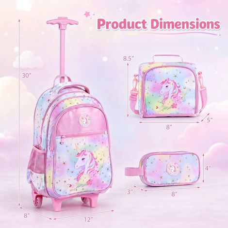 Set scolaire 3 pièces licorne rose, cartable à roulettes enfant avec sac repas et trousse, grande capacité (1/5)