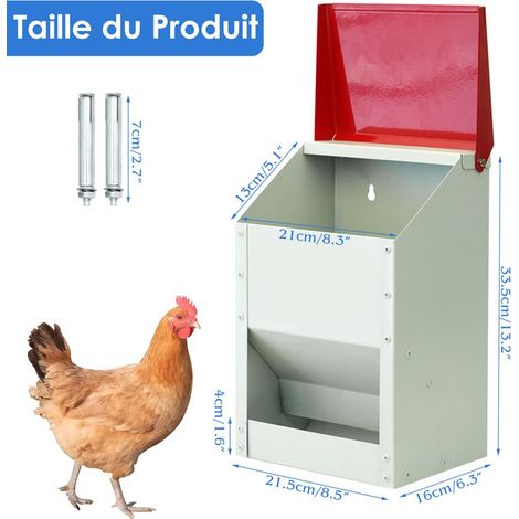Mangeoire Automatique pour Poules en Acier Galvanisé - Doseur de Nourriture Anti-Gaspillage avec Couvercle Étanche - Capacité pour Volaille, Poulailler (1/5)