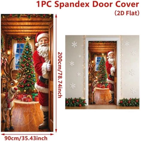 Nouveaux rideaux de porte de Noël, décorations festives, drapeaux, fanions d'extérieur - 90 x 180 cm (perforés + ruban) - 38